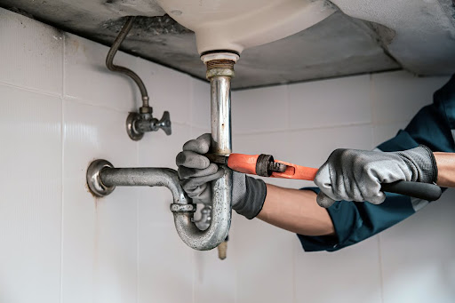 Plumber using a wrench to repair a water pipe under the sink.