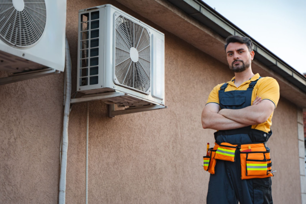an HVAC technician standing near a fan unit